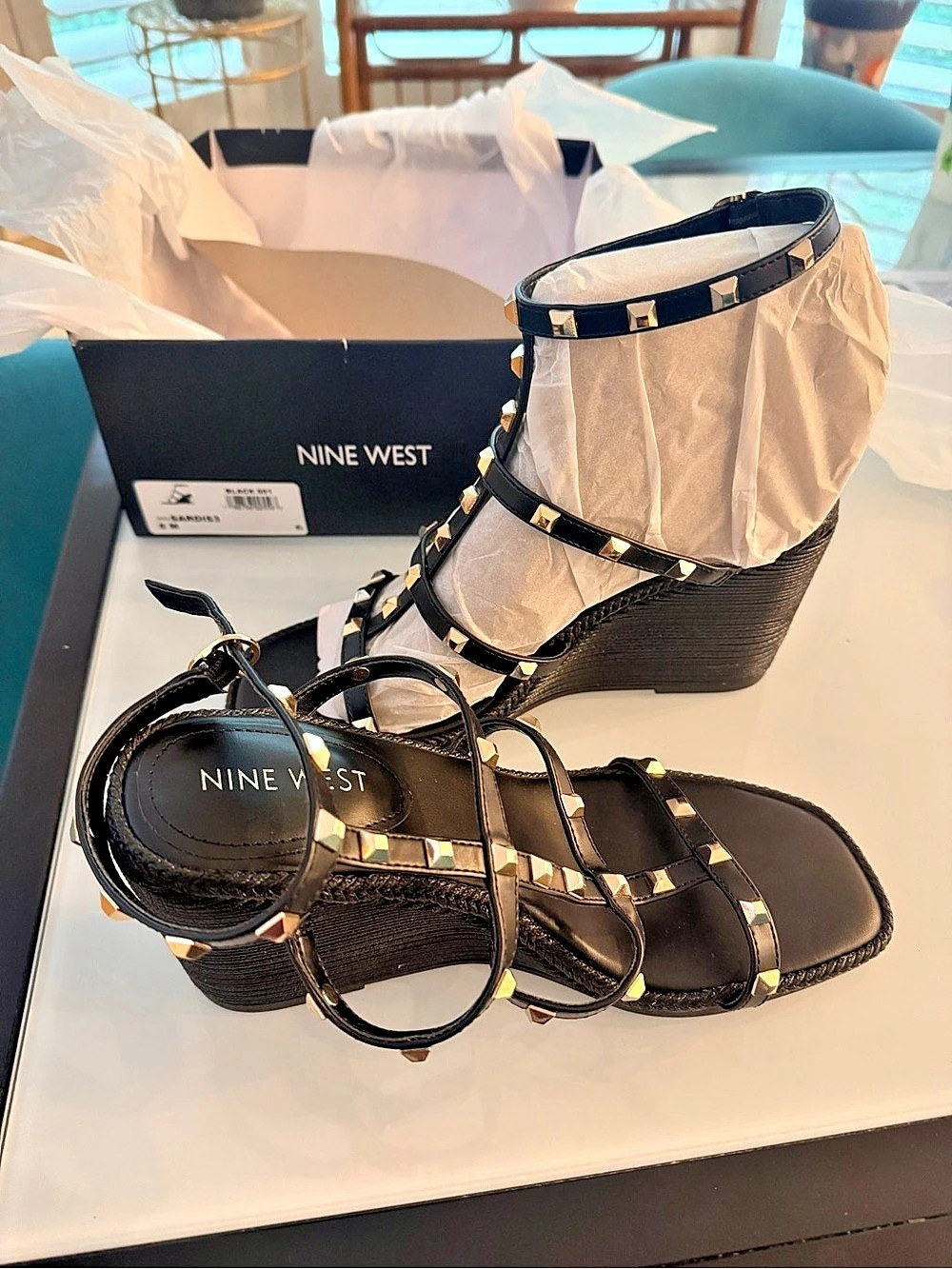 Nine West Studded Black Wedge Sandals (size 8)